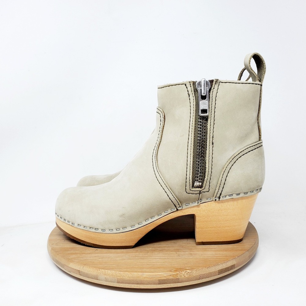 Swedish Hasbeens Zip It Emy Boots Womens 38 Leather Wood Clog Ankle Shoes